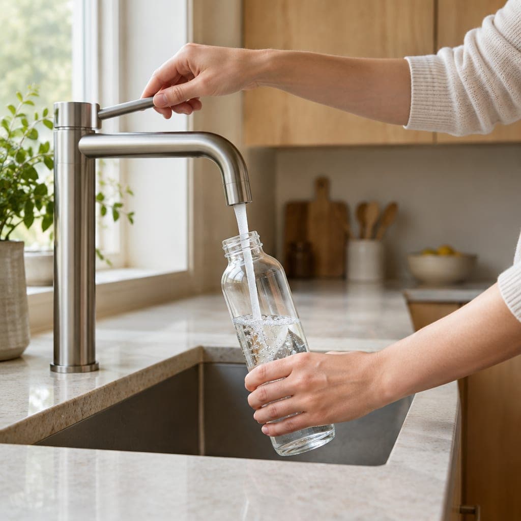 Llenando una botella de cristal con el agua de Suutka
