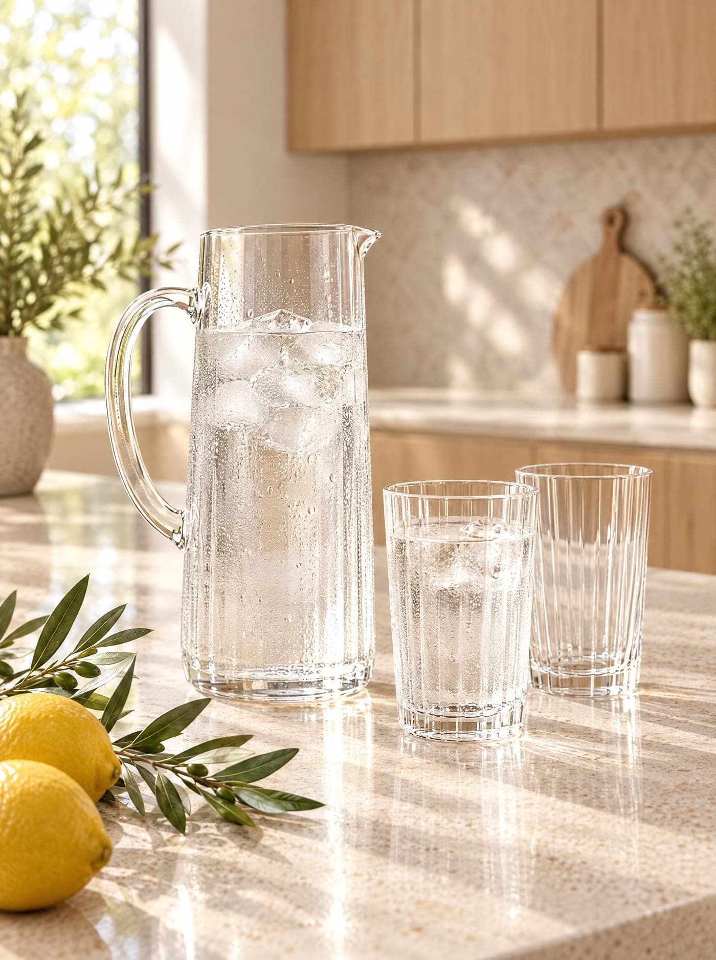 Una jarra de agua fría y dos vasos sobre la encimera de la cocina